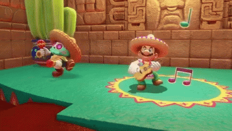 Mario Is Playing A Guitar In A Video Game While A Cactus Is Standing Behind Him . GIF