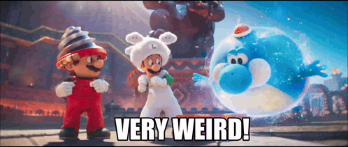 Mario Luigi And Yoshi Are Standing Next To Each Other With The Words " Very Weird " Above Them GIF