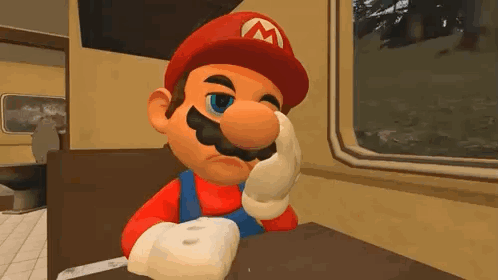 Mario Sitting at Diner Table Holding Donut