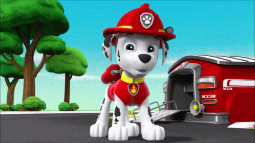 Marshall From The Paw Patrol Show Is Standing In Front Of A Fire Truck GIF