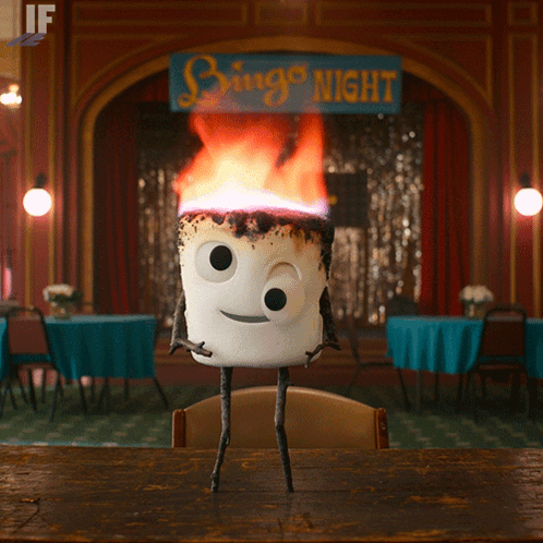 Marshmallow With Flames Standing In Front Of Bingo Night Sign GIF