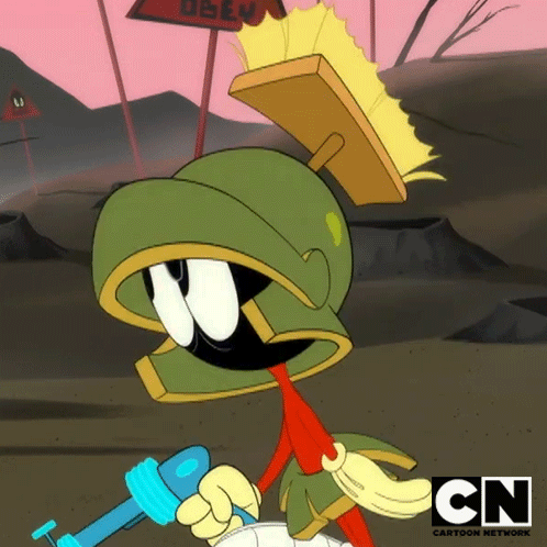 Marvin The Martian From Looney Tunes Is Holding A Gun In Front Of A Cn Logo GIF