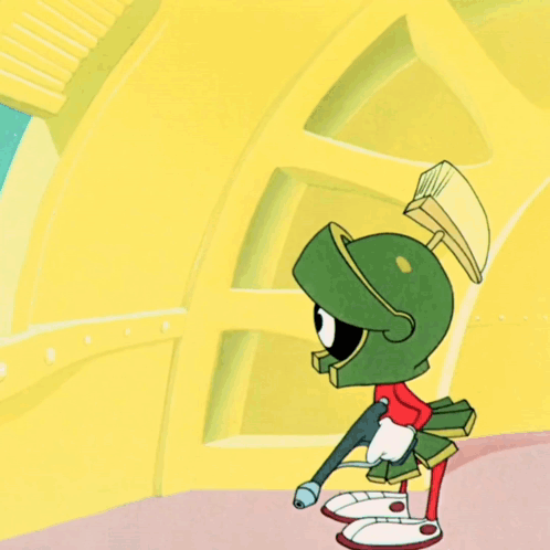 Marvin The Martian Is Holding A Gun And A Flag That Says Ouch GIF
