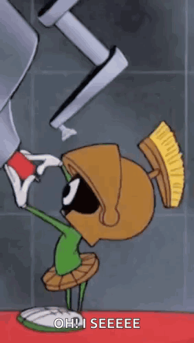 Marvin The Martian Is Standing In Front Of A Machine With A Brush On His Head And Says Oh ! I Seeee GIF