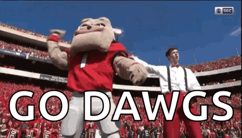 Mascot Dancing in Stadium Saying Go Dawgs