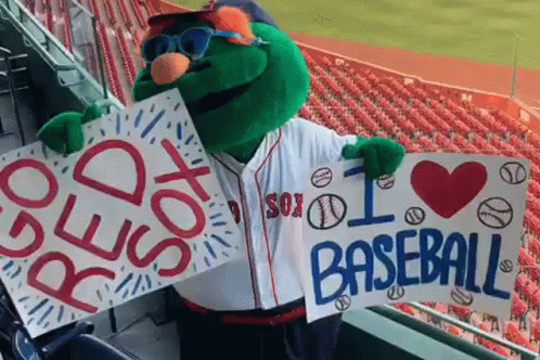 Mascot Holding I Love Baseball Signs
