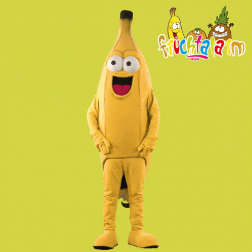 Mascot in Banana Costume in Front of Fruchaland Sign