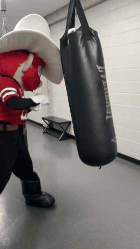 Mascot in Cowboy Hat Holding Punching Bag Saying J. Duran