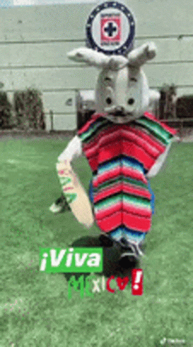 Mascot in Poncho Saying Viva Mexico
