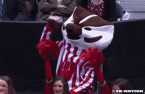Mascot in Red and White Striped Shirt Held by Cheerleaders