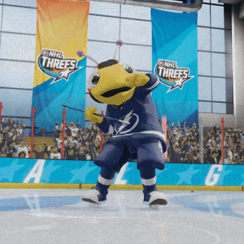 Mascot on Ice with NHL Threes Banners