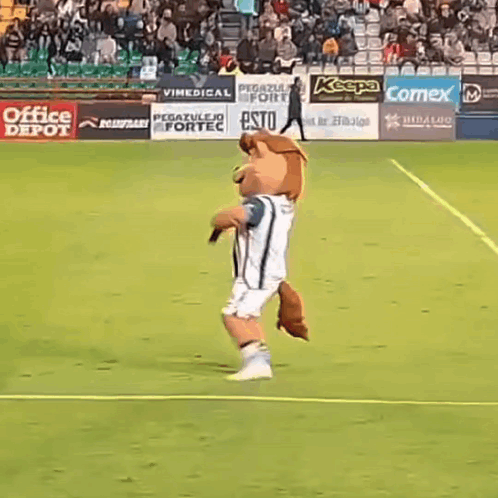 Mascot on Soccer Field in Front of Comex Sign