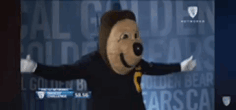 Mascot Standing in Front of Golden Bear