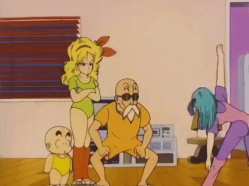 Master Roshi Exercising With Launch Bulma And Krillin GIF