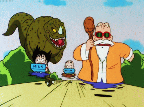 Master Roshi Goku And Krillin Being Chased GIF
