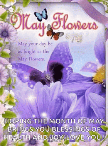 May Flowers Card With Purple Flowers And Butterflies GIF