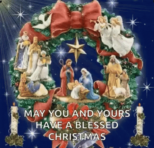 May You And Yours Have A Blessed Christmas With A Nativity Scene In A Wreath . GIF