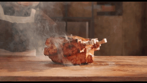 Meat Smoking on Wooden Cutting Board