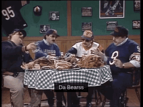 Men At Checkered Table Saying Da Bearss GIF