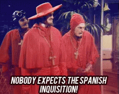 Men In Red Robes Saying Nobody Expects The Spanish Inquisition GIF