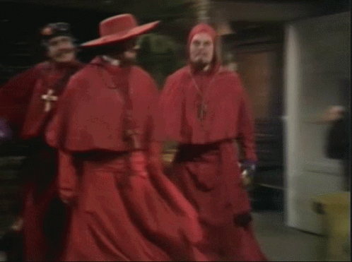 Men In Red Saying Nobody Expects The Spanish Inquisition GIF
