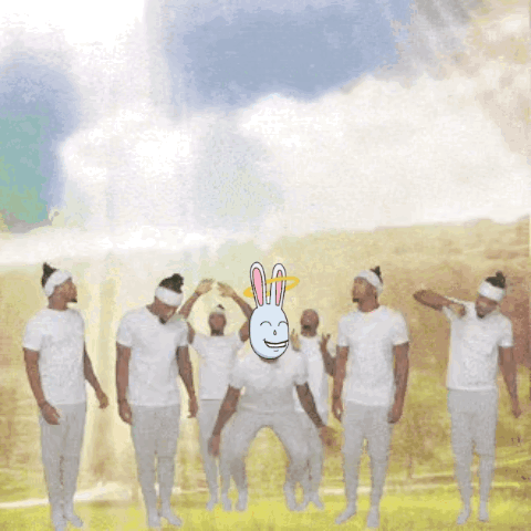 Men In White Shirts Dancing With Rabbit On Head GIF