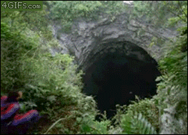 Men Leaping In Deep Goblin Cave GIF