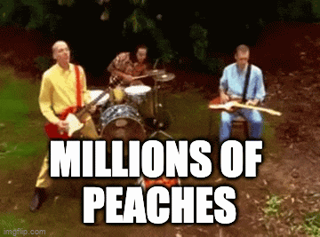 Men Playing Instruments in Field Saying Millions of Peaches
