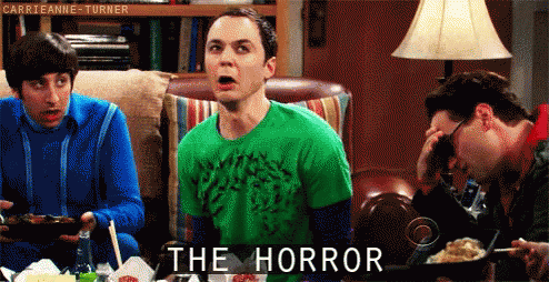 Men Sitting Around Table, One In Green Shirt Saying The Horror GIF
