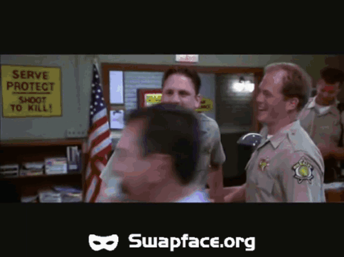 Men Standing in Front of Serve Protect Shoot to Kill Sign