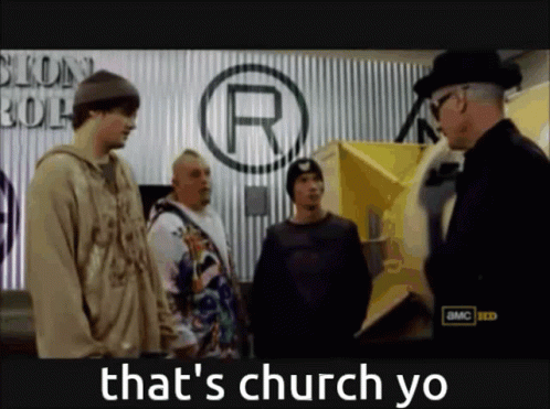 Men Standing in Front of Sign Saying R