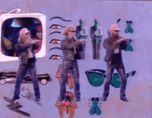 Men Standing In Front Of Television And Pyramid GIF