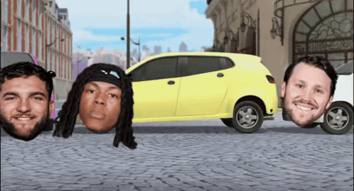 Men Sticking Heads Out of Yellow Car