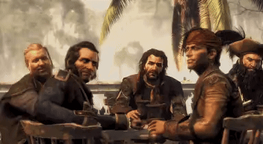 Men Talking at Table in Video Game