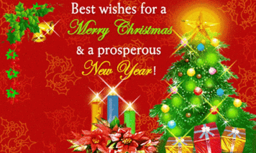 Merry Christmas and Prosperous New Year Card with Christmas Tree