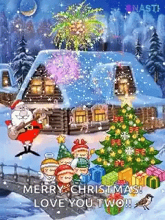 Merry Christmas Animated House With Flying Fireworks GIF