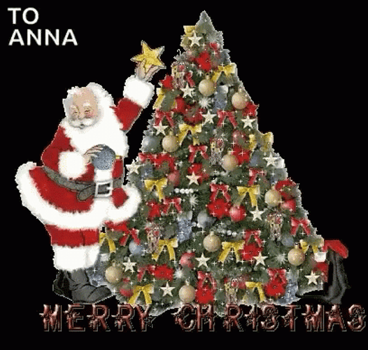 Merry Christmas Animated Santa Back Of Xmas Tree GIF