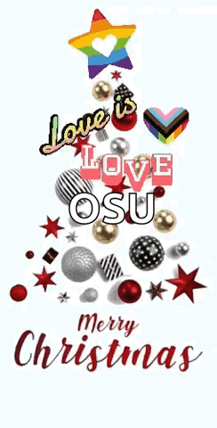 Merry Christmas Card With Christmas Tree Made Of Balls And Stars GIF