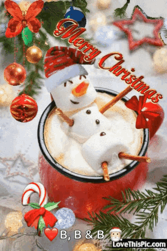 Merry Christmas Card With Snowman in Mug