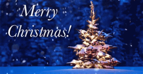 Merry Christmas Card With Snowy Tree GIF