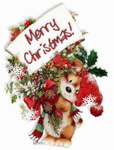 Merry Christmas Friend Bear With Flowers GIF