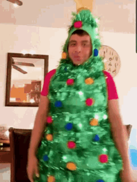 Merry Christmas Funny Guy Wearing Christmas Tree Costume GIF