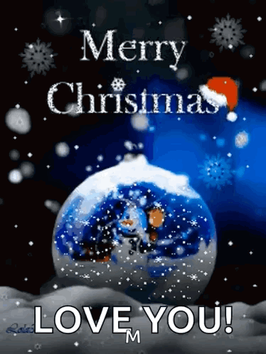 Merry Christmas Greeting With Snowman in Snow Globe