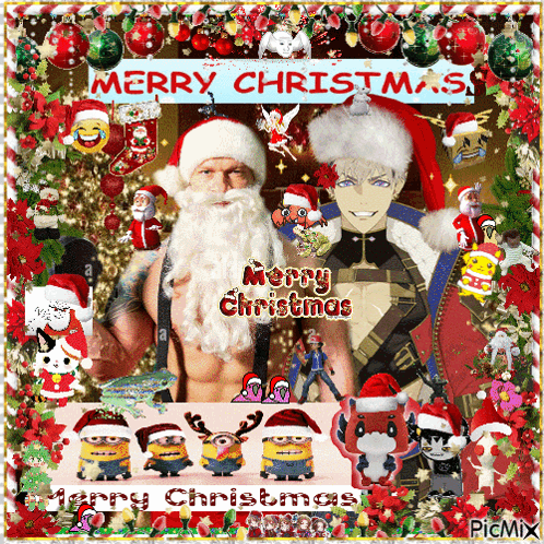Merry Christmas Greeting With Two Men in Santa Hats