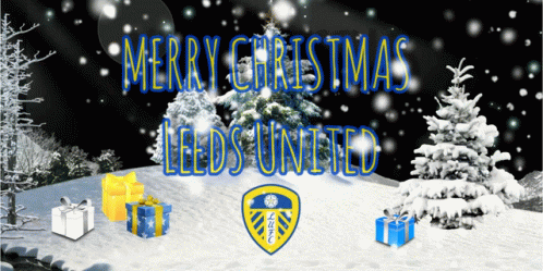 Merry Christmas Leeds United In Blue On Snowy Background GIF