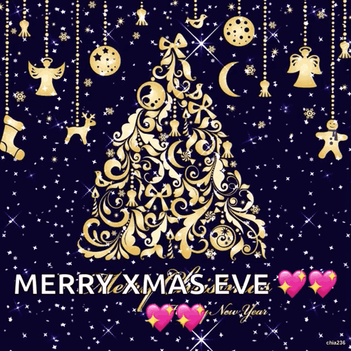 Merry Xmas Eve New Year Card Gold Christmas Tree