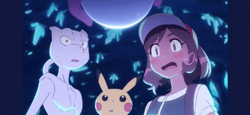 Mewtwo Standing With Pikachu And Elaine GIF