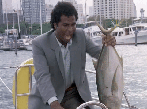 Miami Vice Ricardo Tubbs Handing Fish To Gator GIF