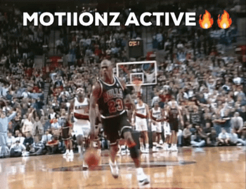 Michael Jordan Is Playing Basketball In Front Of A Crowd With The Words Motionz Active Above Him GIF
