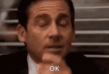 michael scott from the office is making a funny face with his eyes closed and a hand on his chin .